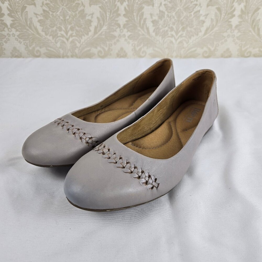 Born Women's Sz 10 Madeleine Taupe/Gray Slip On Flats Braided Top Detail
